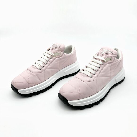PRADA Pink Piuma Runner Quilted Triangle Logo Sneakers Size 40 Lace Up Low Top - Picture 1 of 11